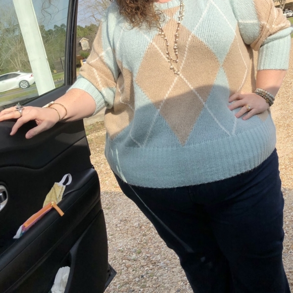 Ellos Plus Size Oversized Antique Mint Argyle Pullover Sweater Size 2X - Picture 3 of 16